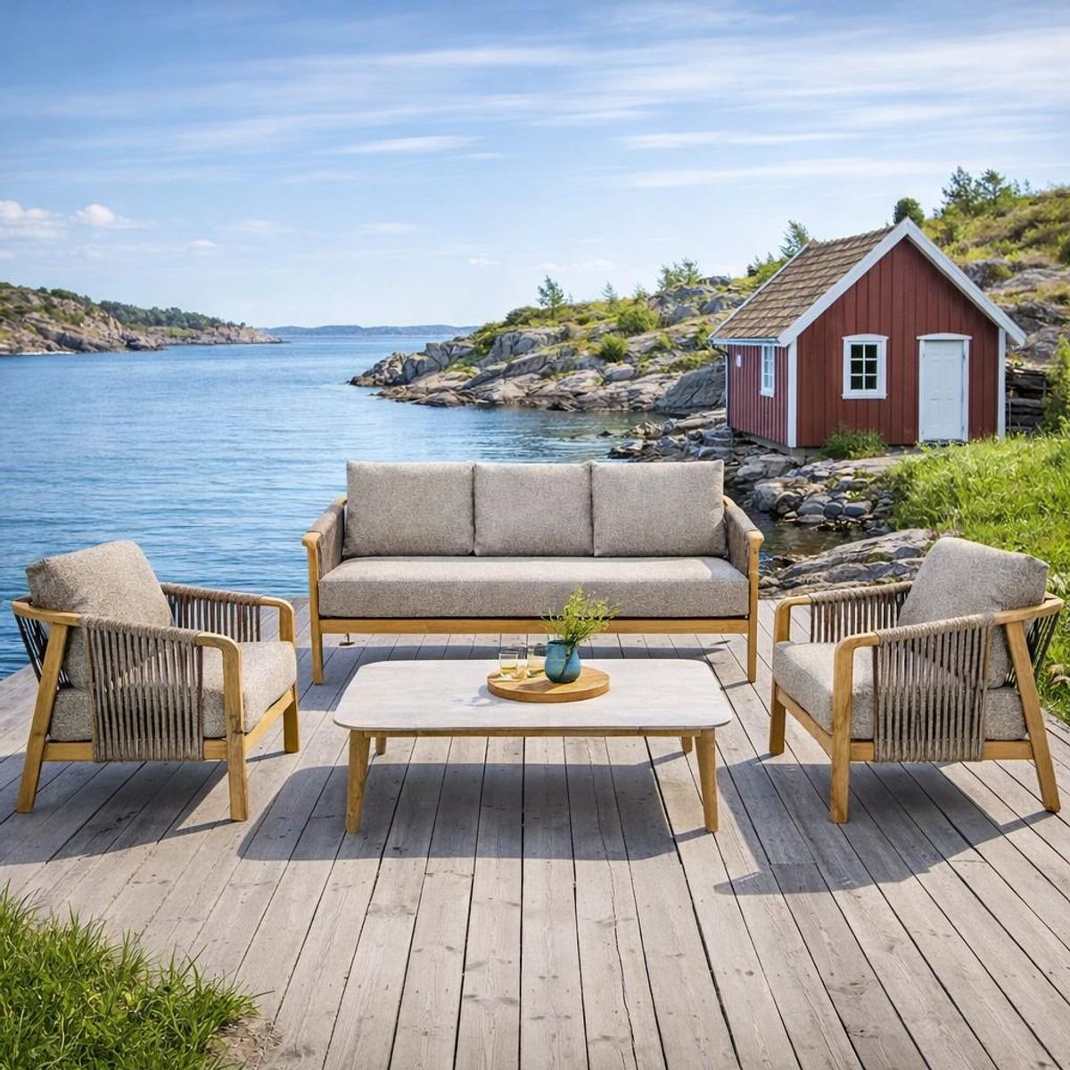 Fargo loungesett 2+1+1 - Taupe / wood look | House Nordic